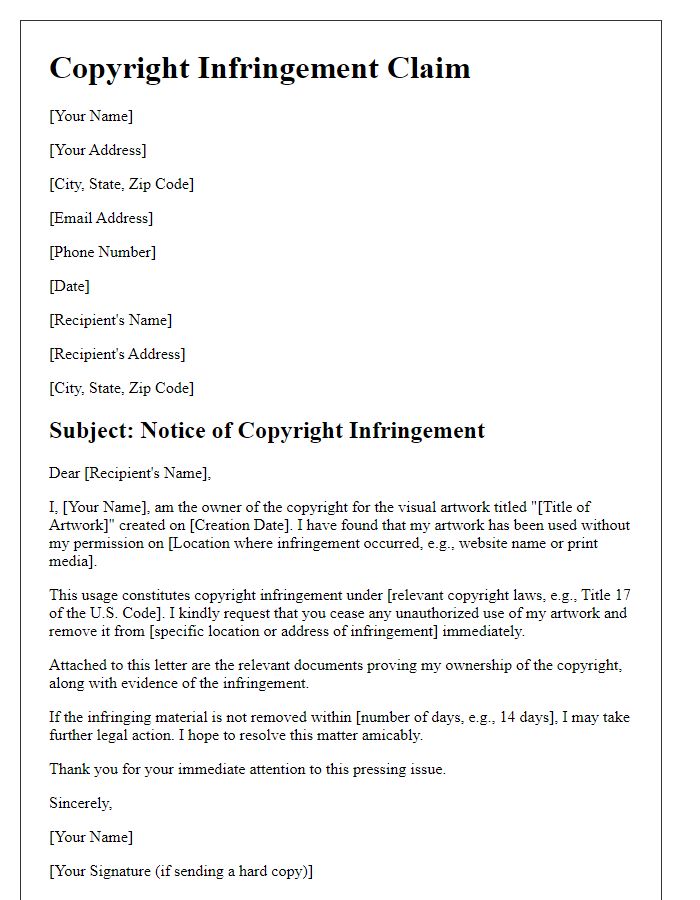 Letter template of copyright infringement claim for visual artwork.