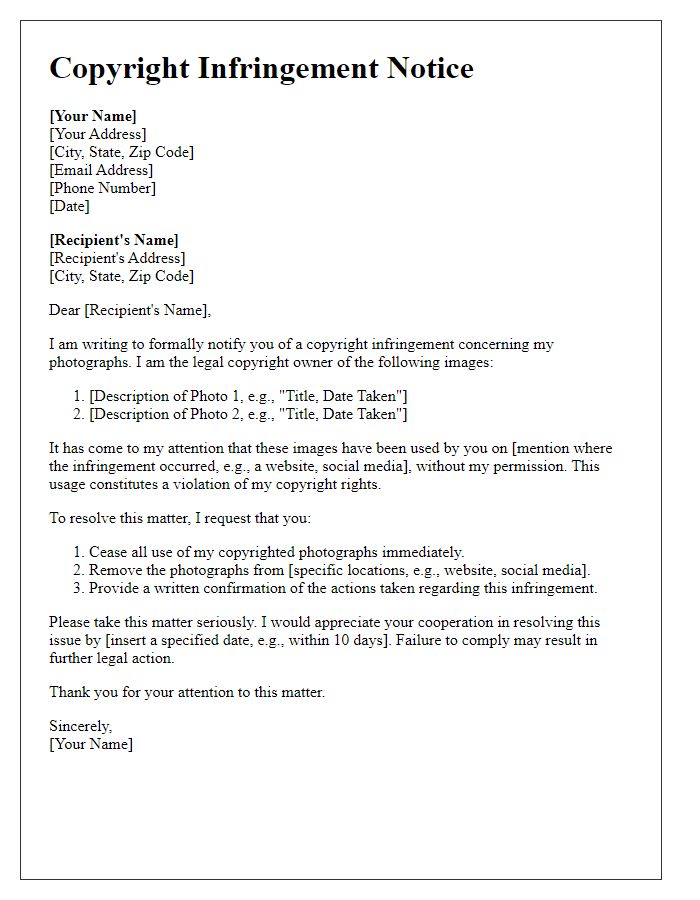 Letter template of copyright infringement correspondence for photographs.