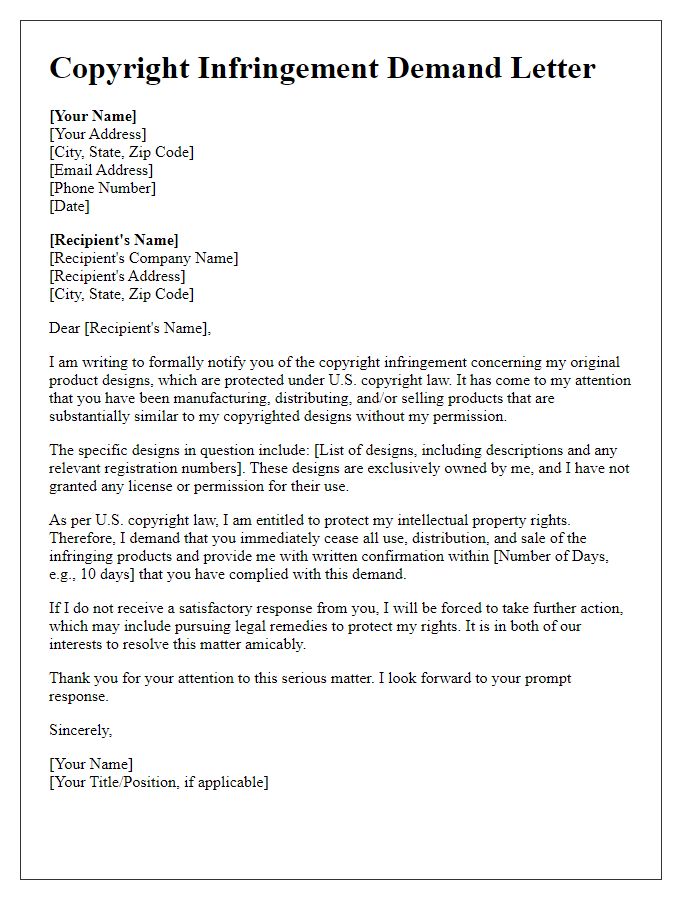 Letter template of copyright infringement demand for product designs.