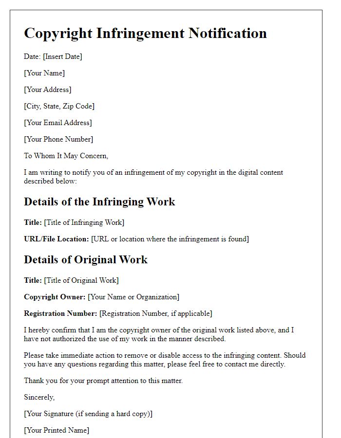 Letter template of copyright infringement notification for digital content.