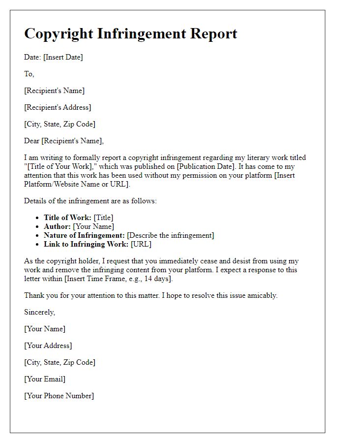 Letter template of copyright infringement report for literary works.