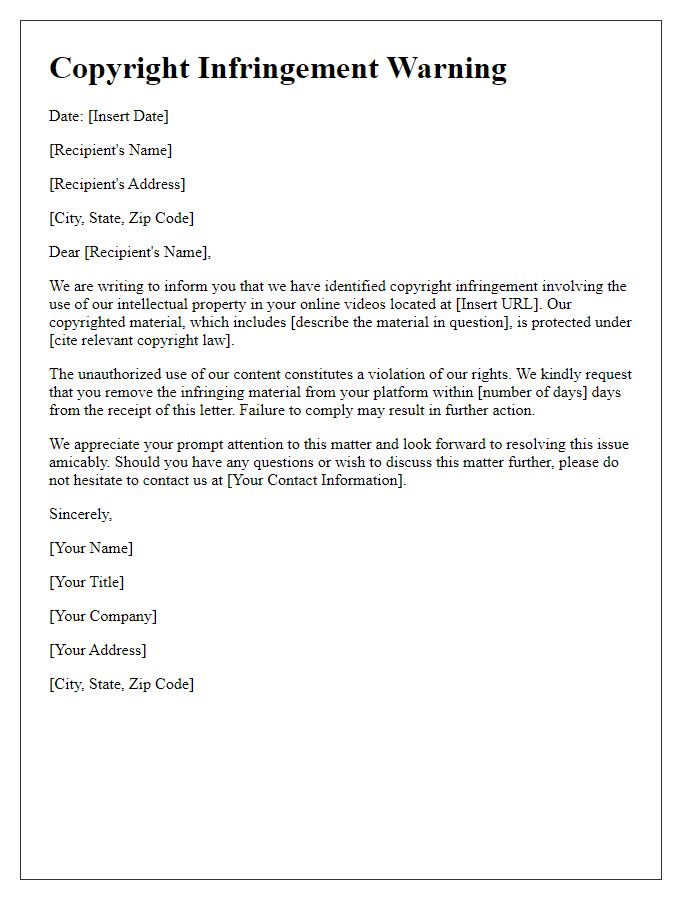 Letter template of copyright infringement warning for online videos.