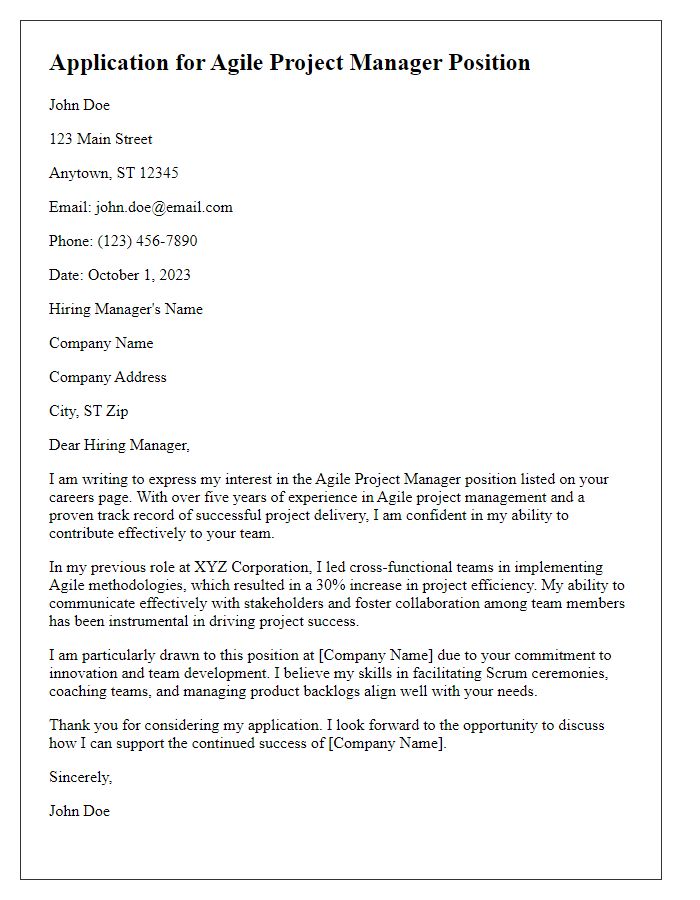 Letter template of Agile Project Manager Job Application