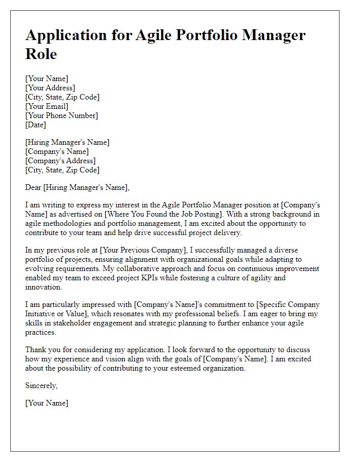 Letter template of Application for Agile Portfolio Manager Role