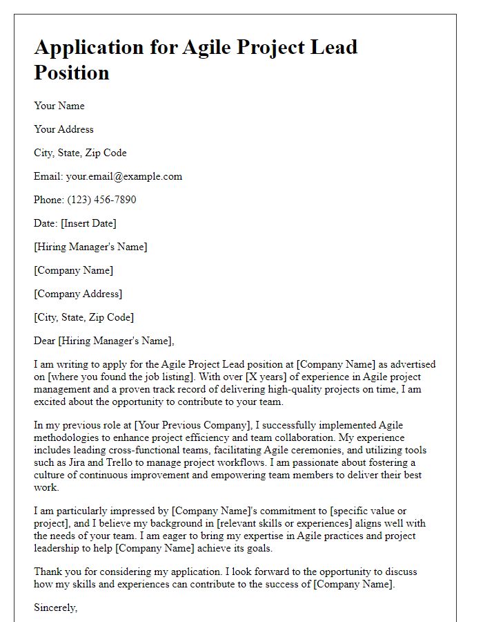 Letter template of Application for Agile Project Lead Position