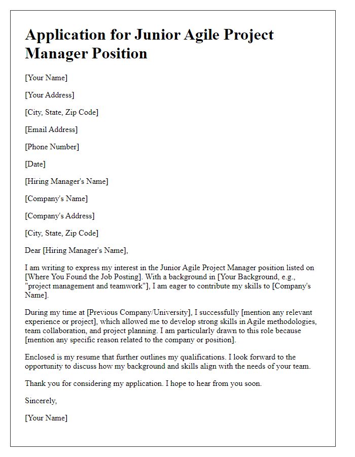 Letter template of Junior Agile Project Manager Application