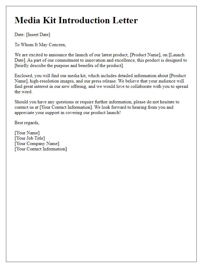 Letter template of media kit introduction for new product launch