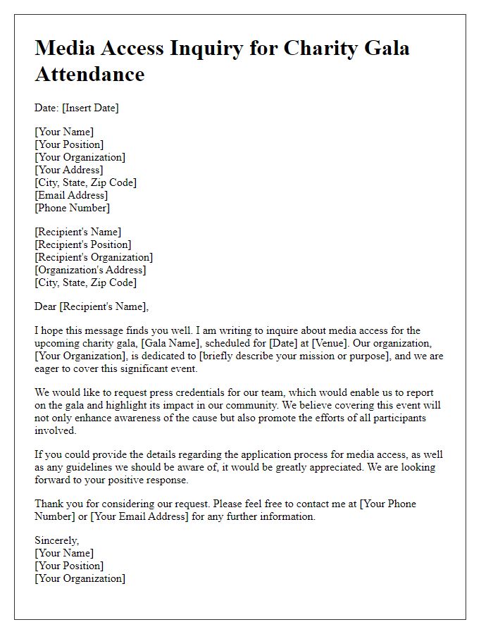 Letter template of media access inquiry for charity gala attendance