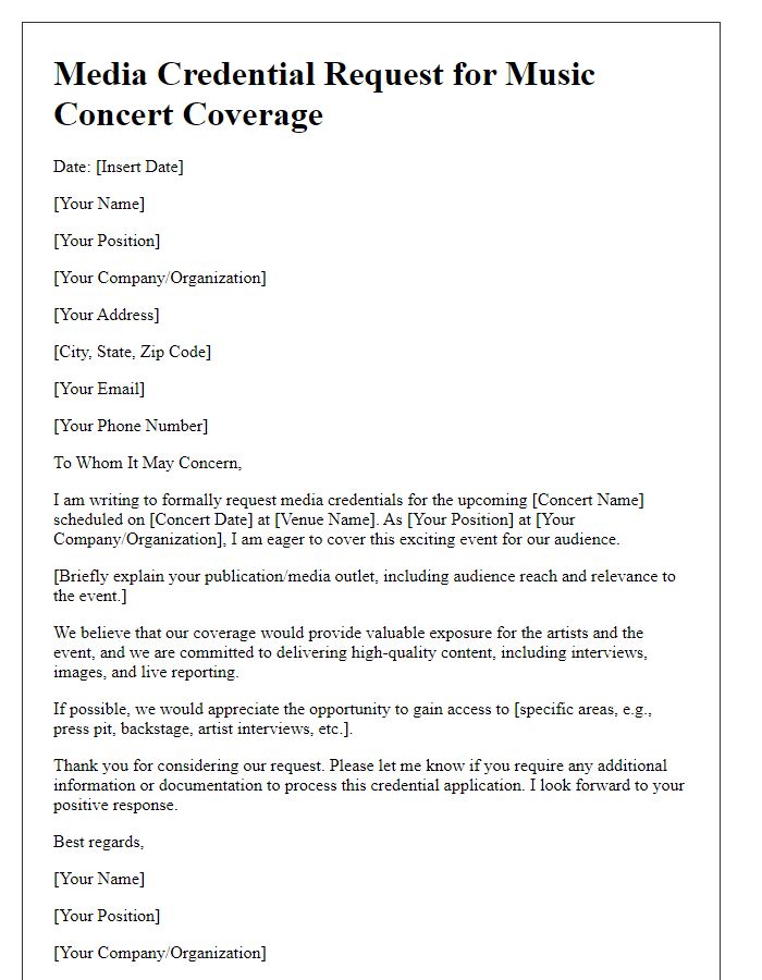 Letter template of media credential request for music concert coverage