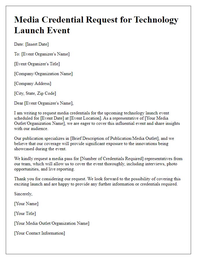 Letter template of media credential request for technology launch event