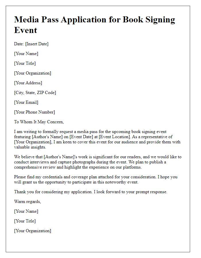 Letter template of media pass application for book signing event