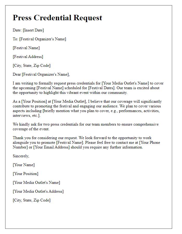 Letter template of press credential request for community festival participation