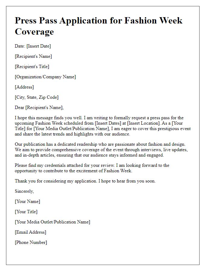 Letter template of press pass application for fashion week coverage