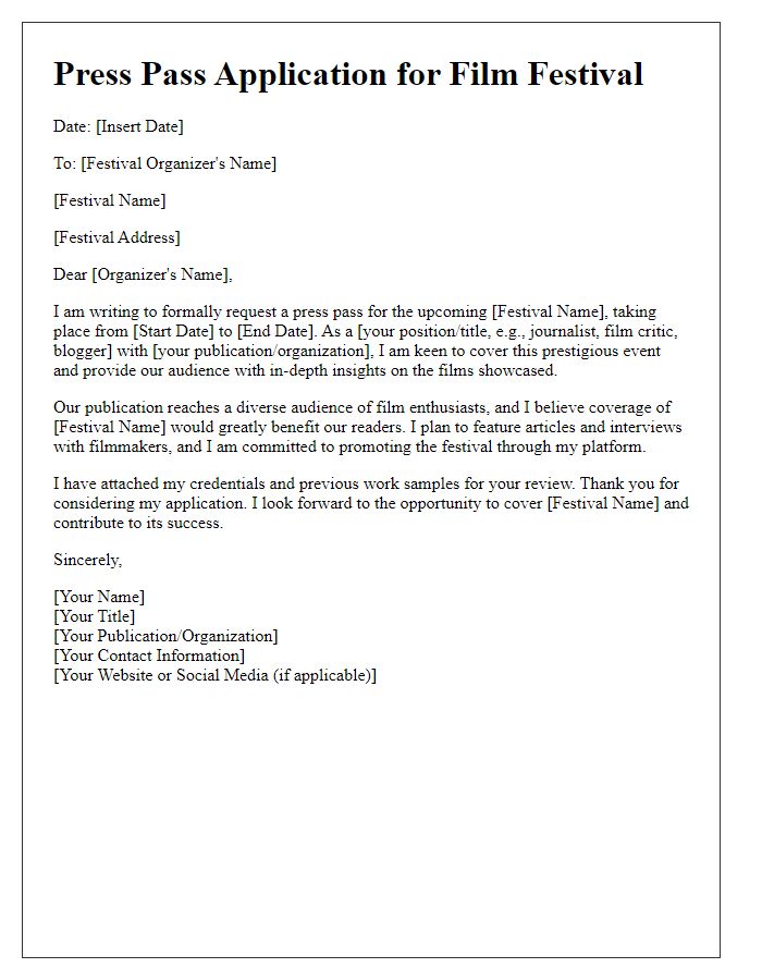 Letter template of press pass application for film festival attendance