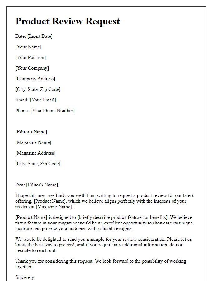 Letter template of product review request for magazine features.