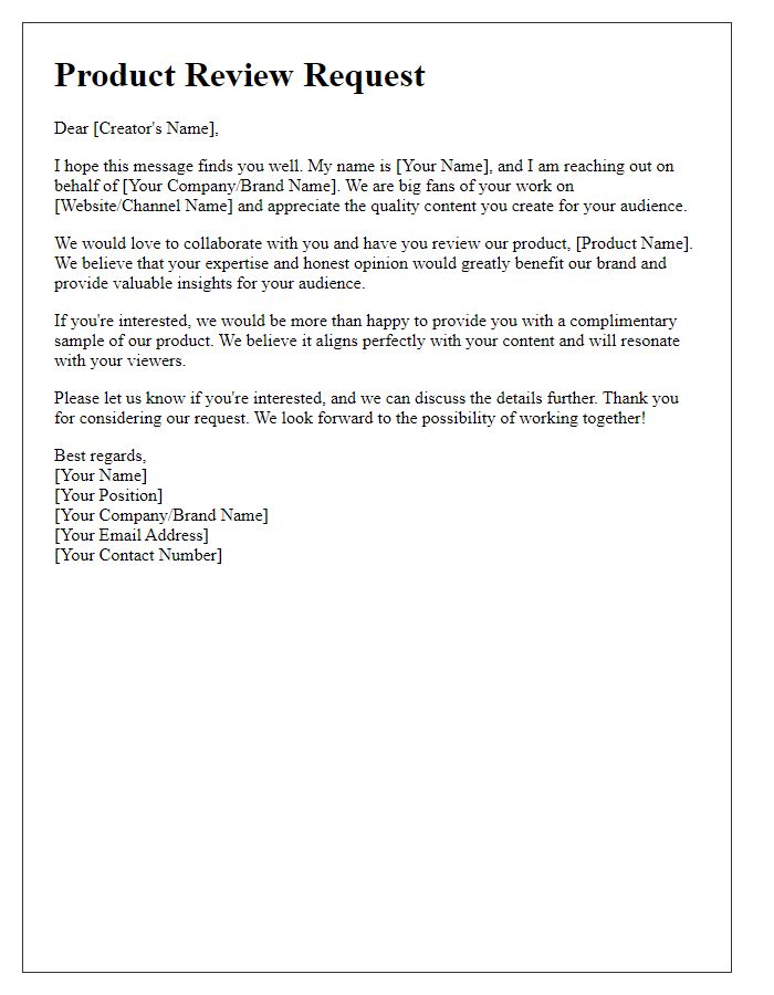 Letter template of product review request for website content creators.