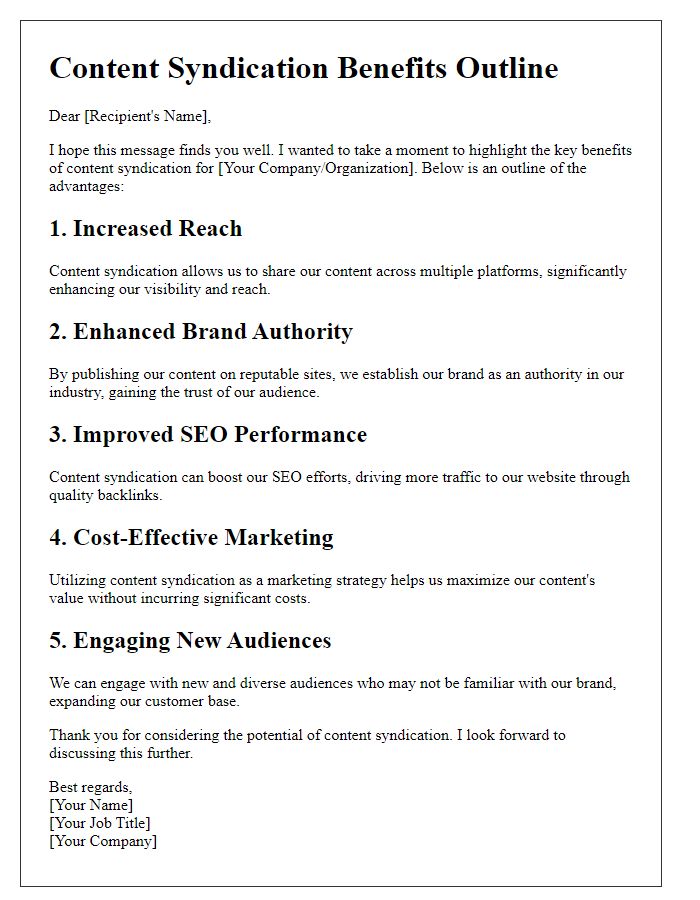 Letter template of content syndication benefits outline