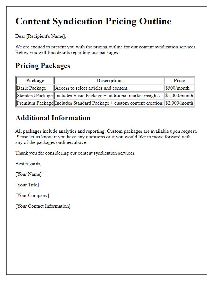 Letter template of content syndication pricing outline