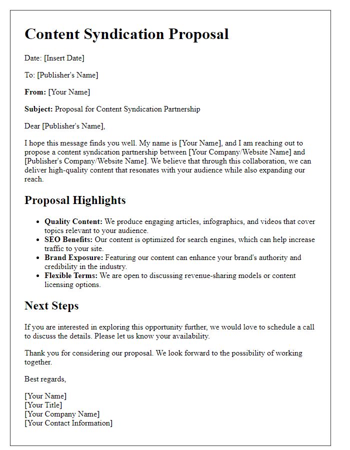 Letter template of content syndication proposal for publishers