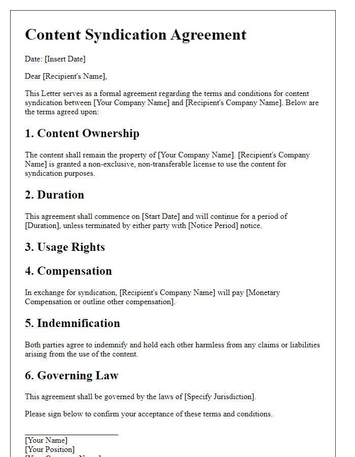 Letter template of content syndication terms and conditions