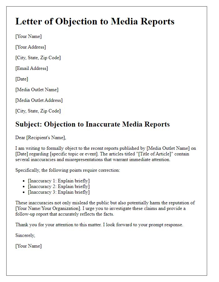 Letter template of objection to critical media reports