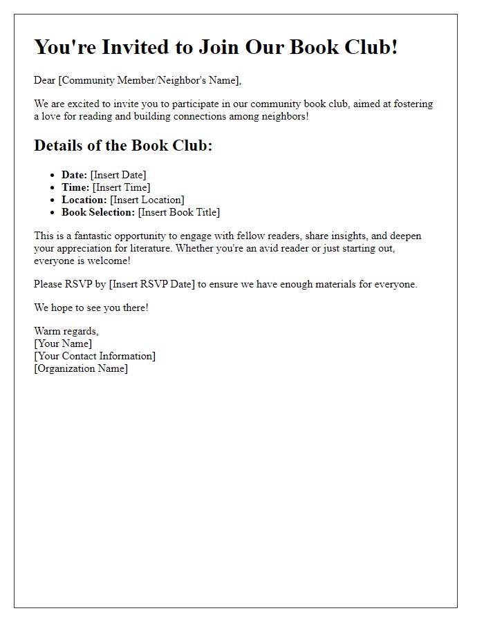 Letter template of community engagement invitation for a book club or reading program.