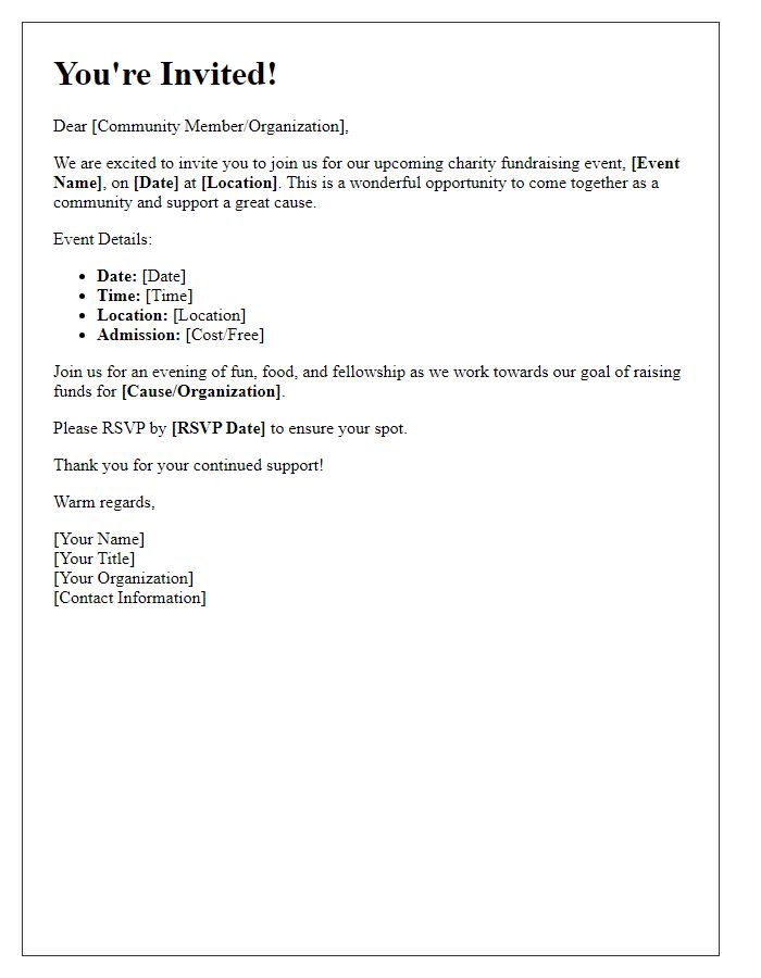 Letter template of community engagement invitation for a charity fundraising event.