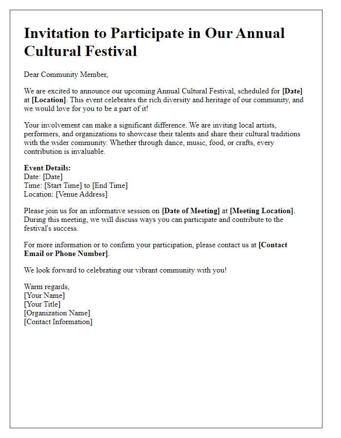 Letter template of community engagement invitation for a cultural festival.