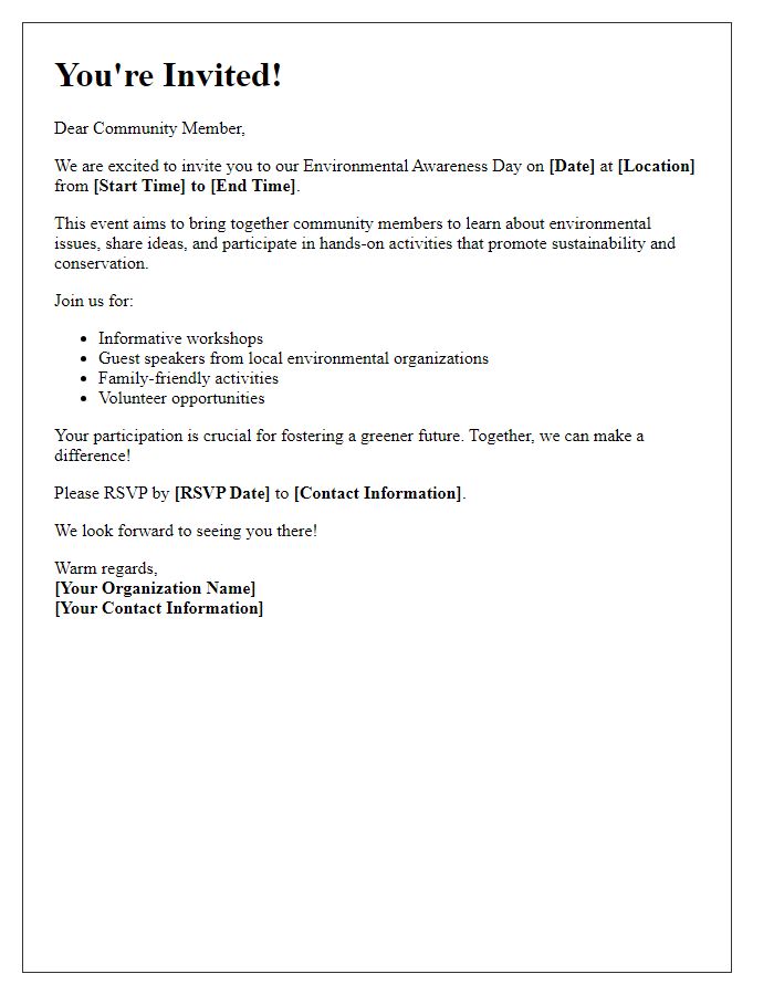 Letter template of community engagement invitation for an environmental awareness day.