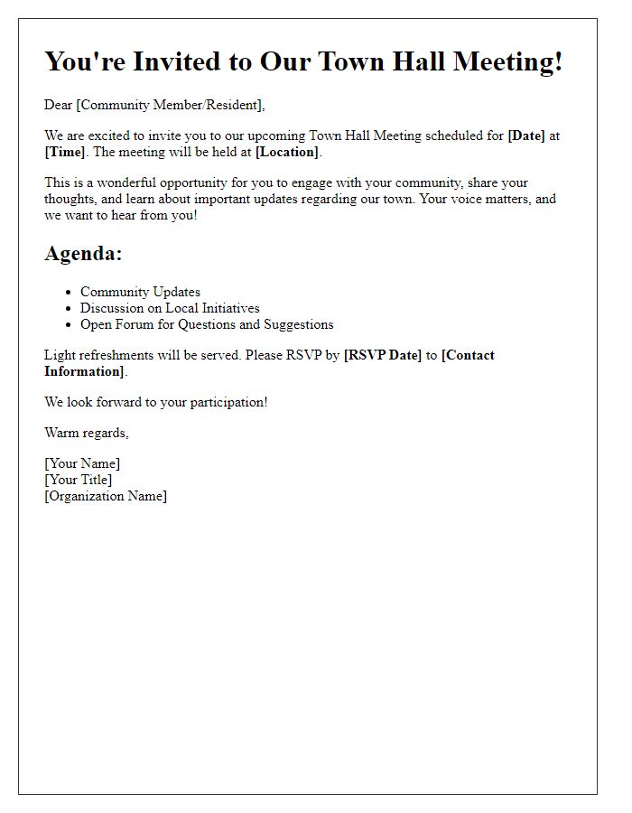 Letter template of community engagement invitation for a town hall meeting.