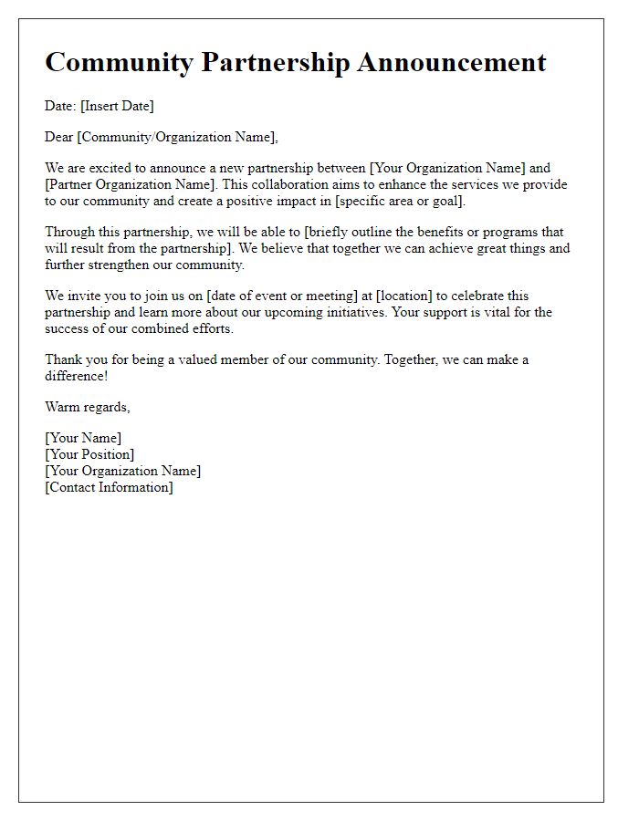 Letter template of community partnership announcement