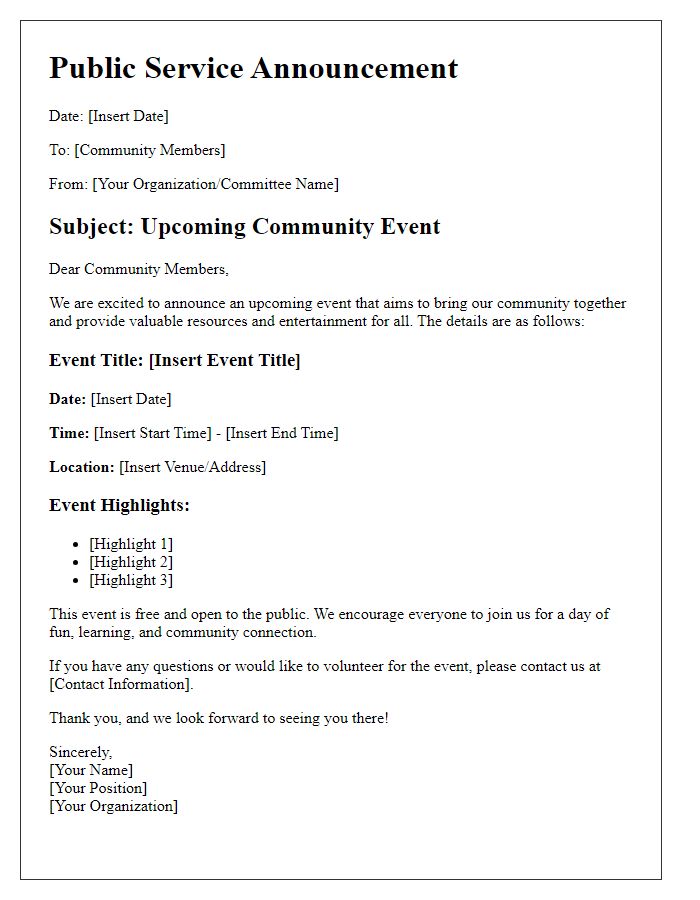 Letter template of public service announcement for community events.