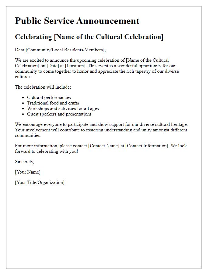 Letter template of public service announcement for cultural celebrations.