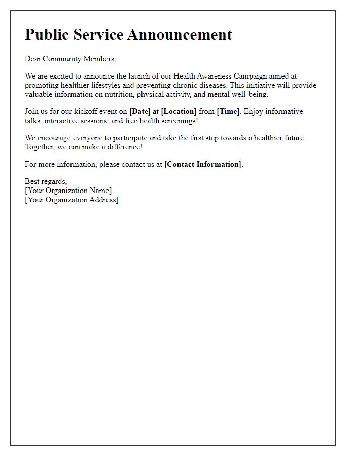 Letter template of public service announcement for health awareness campaigns.