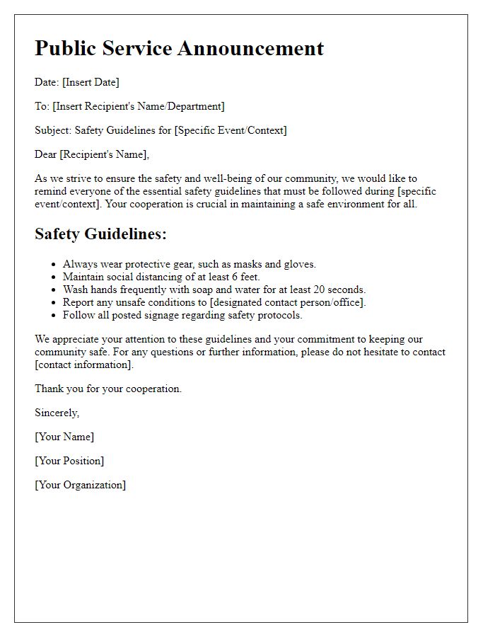 Letter template of public service announcement for safety guidelines.