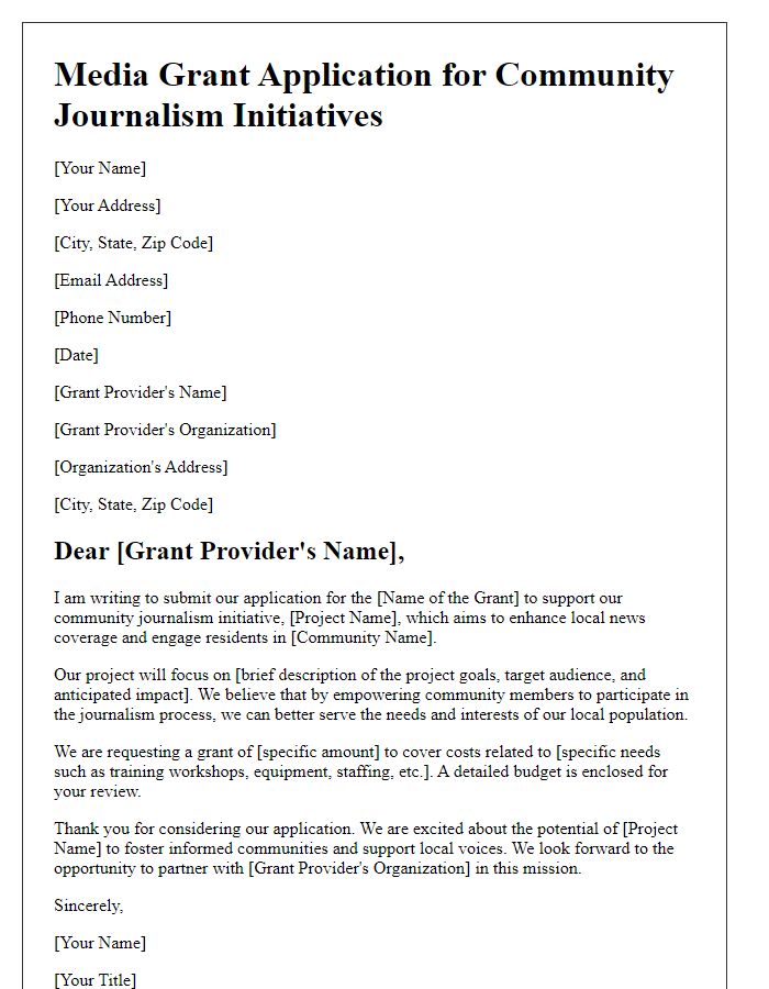 Letter template of media grant application for community journalism initiatives.