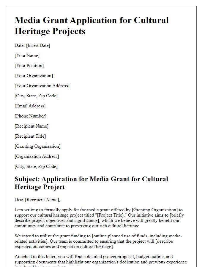 Letter template of media grant application for cultural heritage projects.