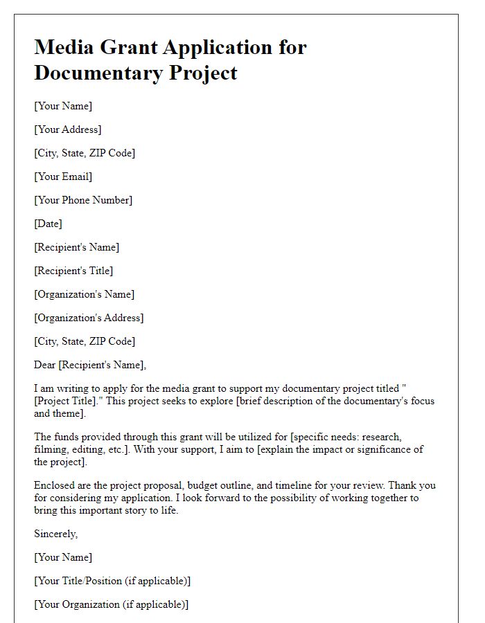 Letter template of media grant application for documentary projects.