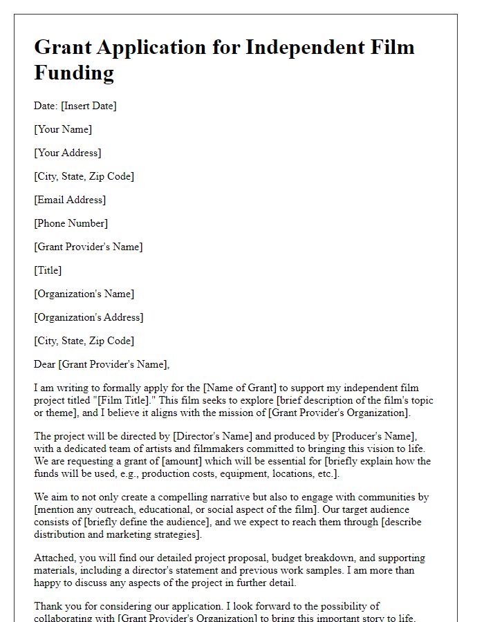 Letter template of media grant application for independent film funding.