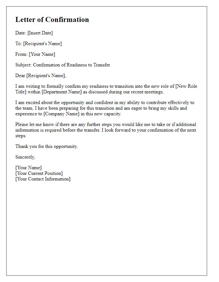 Letter template of confirming readiness to transfer for a new role.