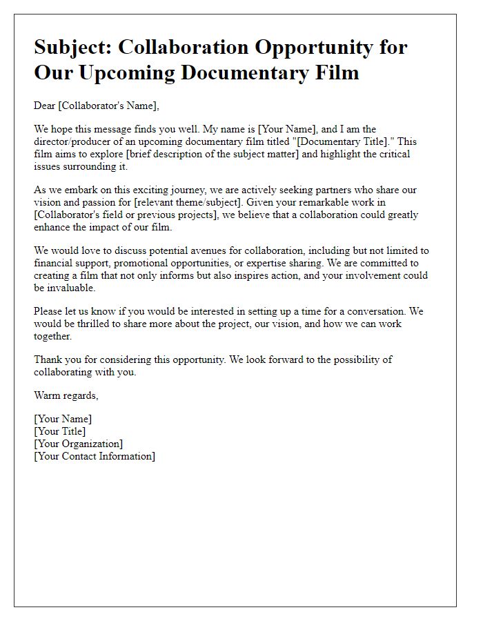 Letter template of a documentary film outreach to potential collaborators