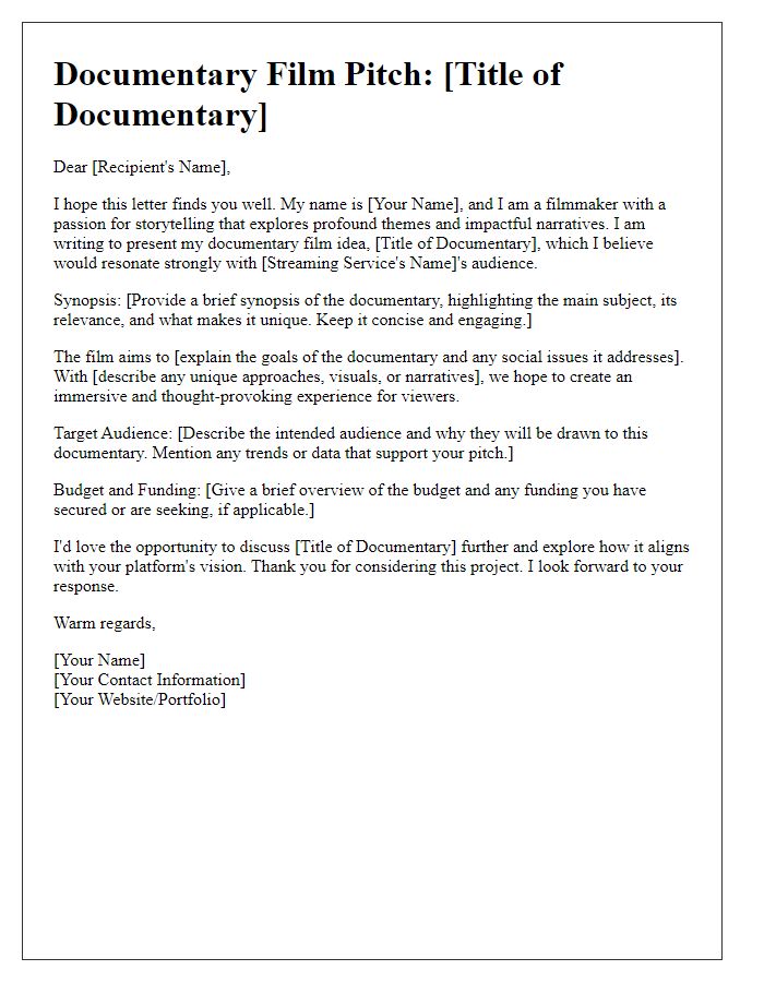 Letter template of a documentary film pitch for streaming services