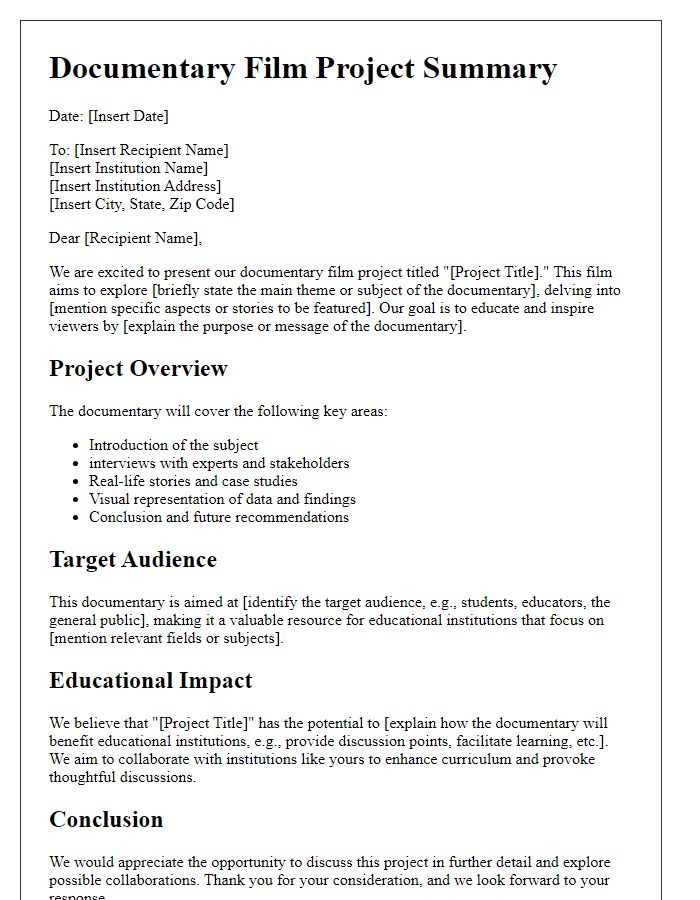 Letter template of a documentary film project summary for educational institutions