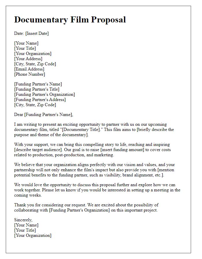 Letter template of a documentary film proposal for funding partners