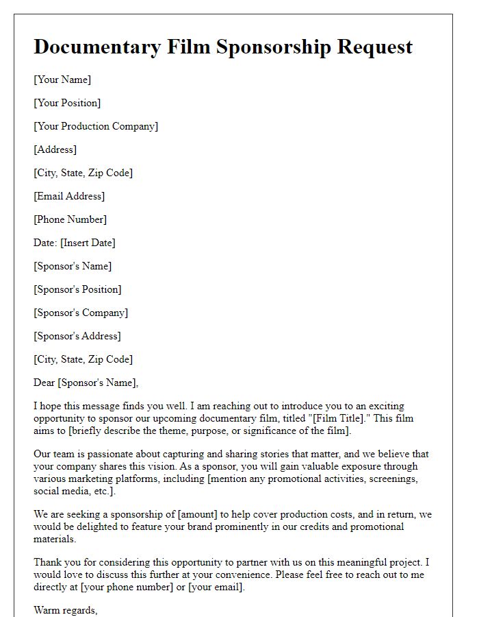 Letter template of a documentary film sponsorship request