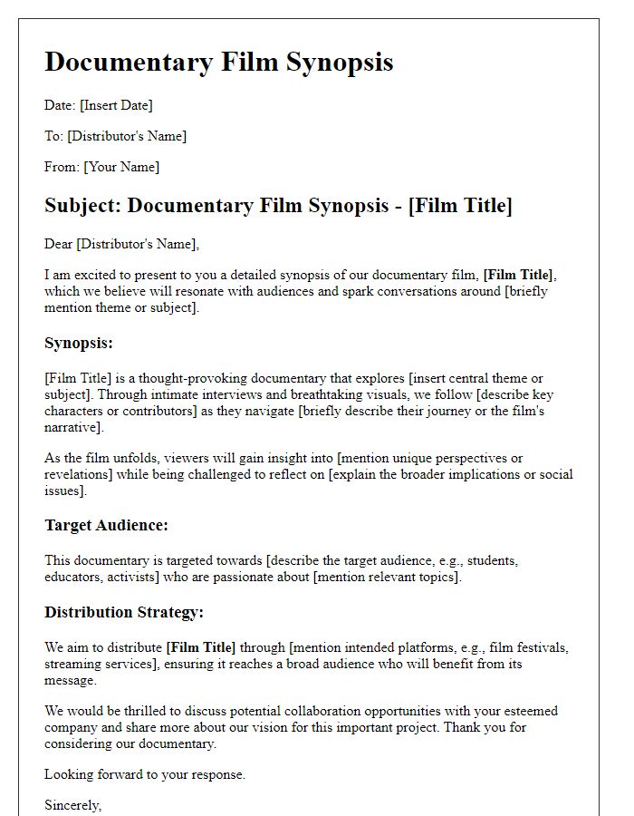 Letter template of a documentary film synopsis for distributors