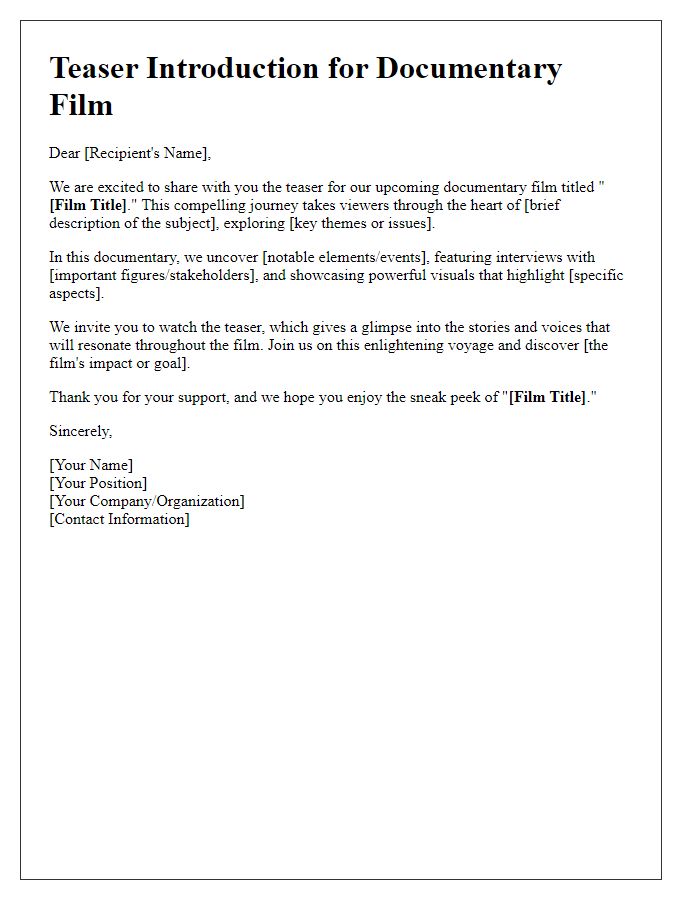 Letter template of a documentary film teaser introduction