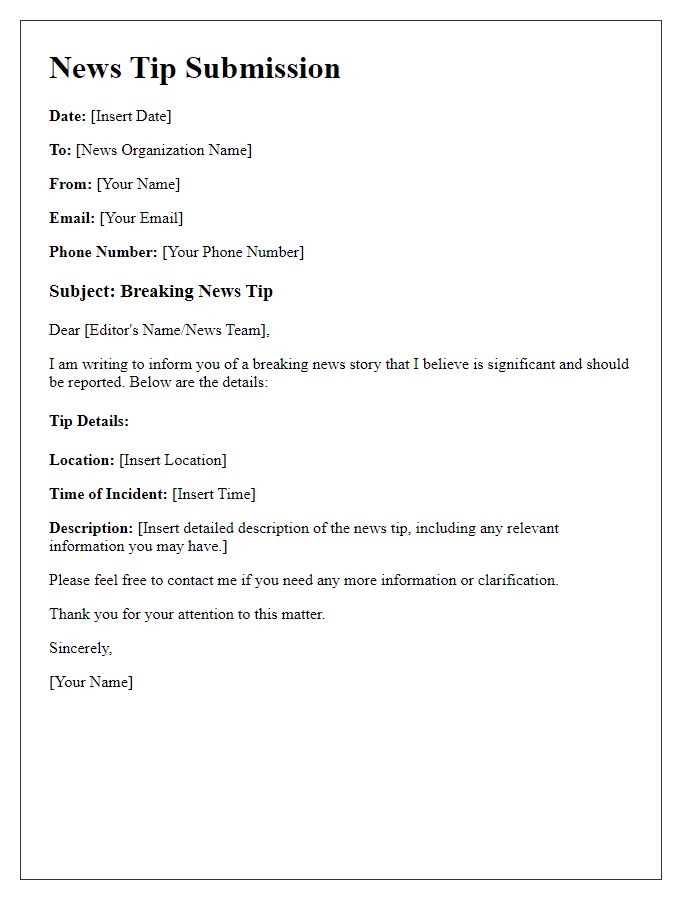 Letter template of news tip submission for breaking news reports