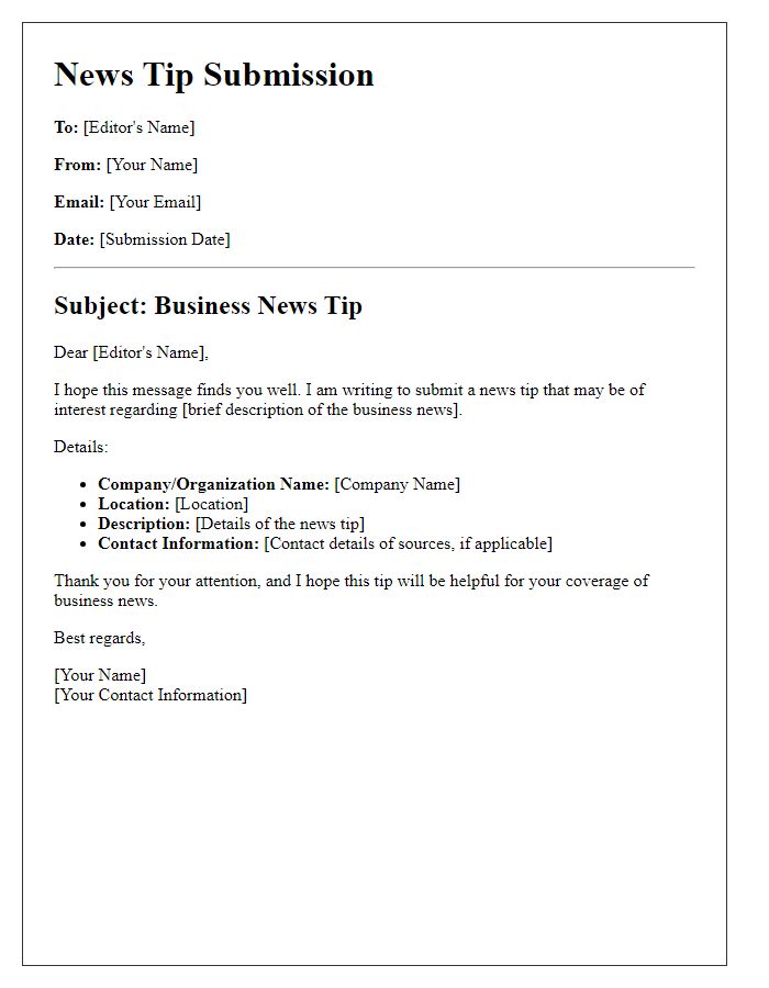 Letter template of news tip submission for business news