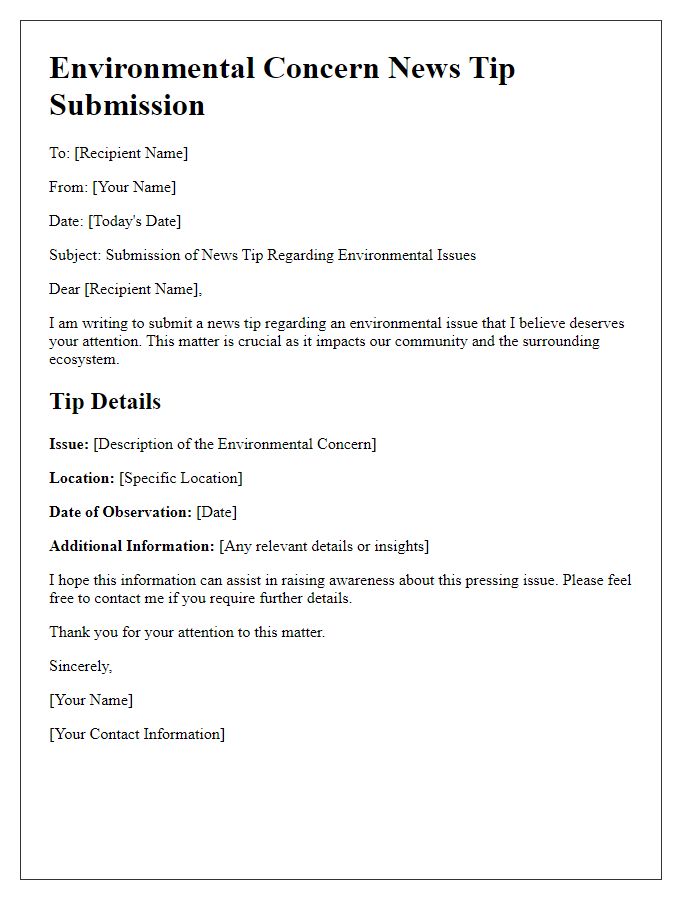 Letter template of news tip submission for environmental concerns